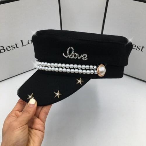 Wool visors for women autumn winter new pearl aristocratic elegant navy hat flat cap