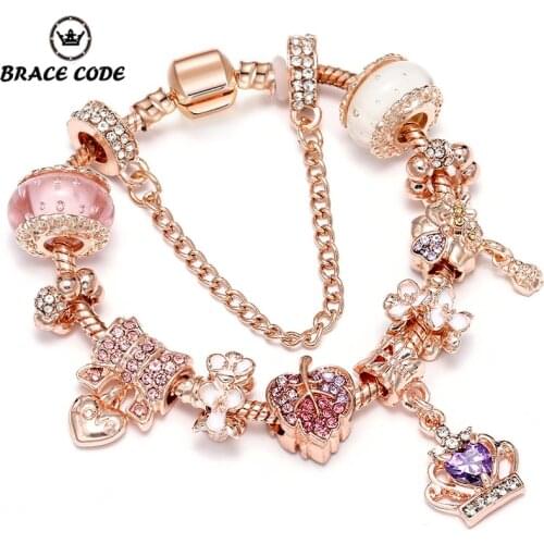 BRACE CODE Rose Gold European Charm Bracelet with Crown Bead Pave Charm for Direct Delivery of Fine Bracelet Womens Jewellery