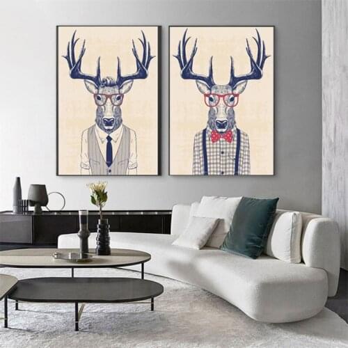 Modern Animals Mr Deer with Glasses Canvas Painting Wall Art Nordic Posters and Prints Wall Pictures for Living Room Decoration