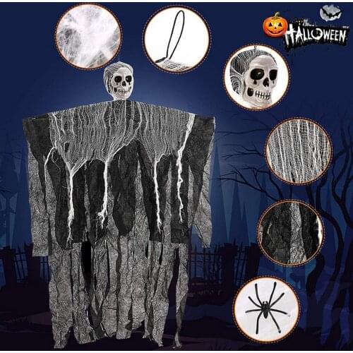 35.4 Inch Halloween Decoration Hanging Ghost-skull Gauze Hanging Ghost + 60G Cotton + 20 Little Spiders Halloween Party Pendant