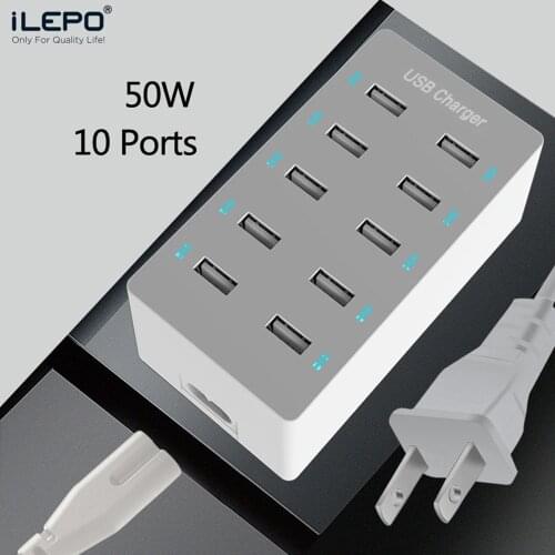10 Ports USB Charger 50W HUB Multi USB Fast Charging Station For iPhone Xiaomi Samsung Mobile Phone Desktop Quick Charge Adapter