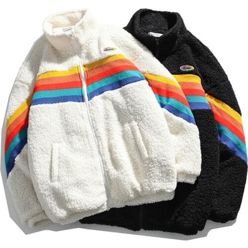 2020 New Womens Fashion Ins Style Rainbow Contrast Stand Collar Jacket Cotton Padded Fleece Couple Loose Korean Jacket