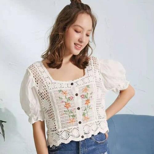 Women Puff Short Sleeve T-Shirt Sexy Button Hollow Crochet Floral Crop Cardigan