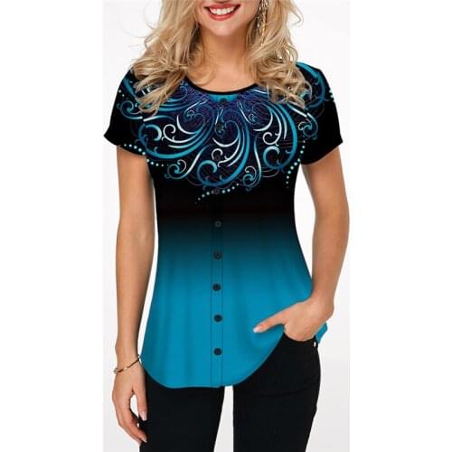 Women Casual Short T Shirts 2020 Plus Size S-2XL Gradient Color Print Summer T Shirt O-Neck Button Tees Top Loose Shirts Femme
