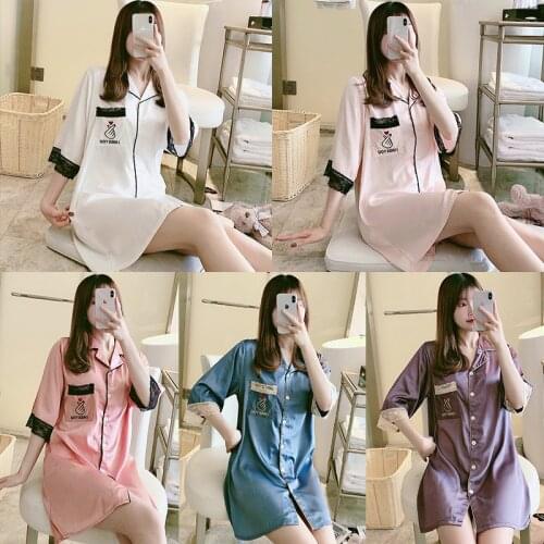 Spring Summer New Ice Silk Womens Nightdress Shirt Skirt Thin Cardigan Sexy Nightgown Lace Skirt Homewear Lady Sleepwear