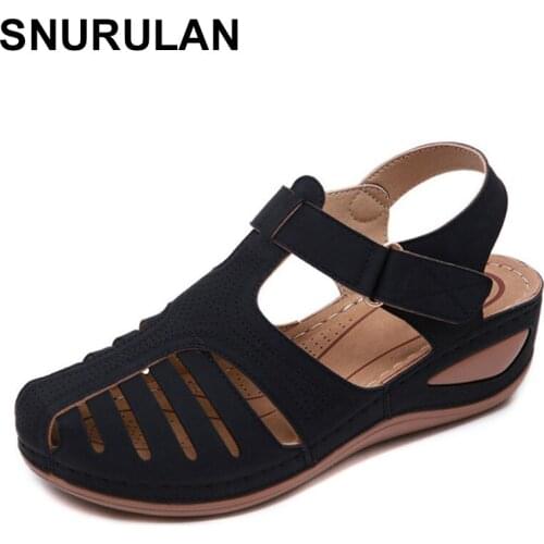 SNURULAN Womens sandals; collection of 2019; Summer shoes made of artificial leather in vintage style; comfortable soft wedge