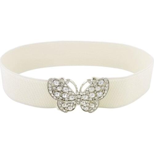 Women Rhinestones Accent Butterfly Hook Buckle Elastic Cinch Waist Belt White