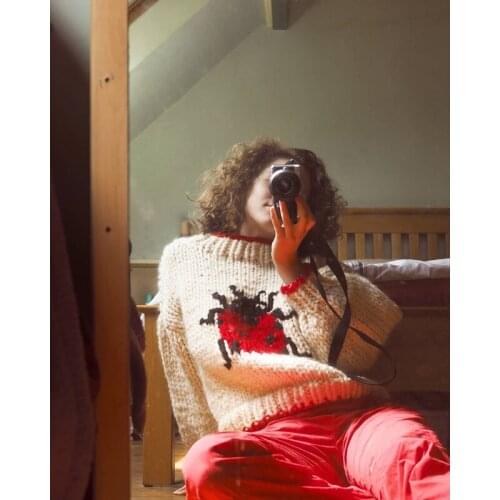 100% Wool Handmade 11.24 Knit Sweater Women Vintage Fashion Animal Pattern Lantern Sleeve Loose Casual Short Pullover