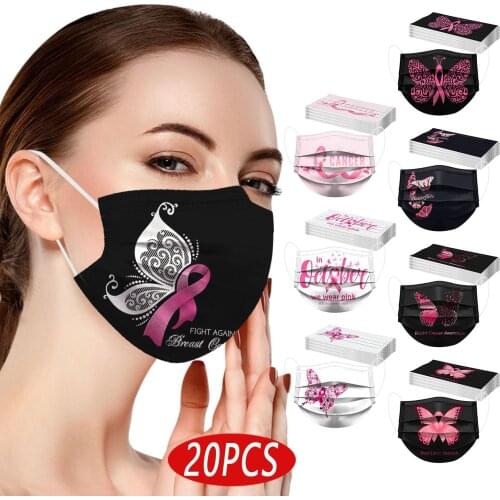 20pc Breast Cancer Batterfly Print Mask Women Disposable 3ply Mouth Cover Face Masks Mascherine Mascarillas Halloween Cosplay