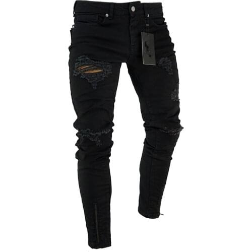 2021 Black Stretch Skinny Fit Bottom zipper Jeans Men Knee Ripped Distressed Hole biker jeans Pants Hip Hop Street Big Size XXXL