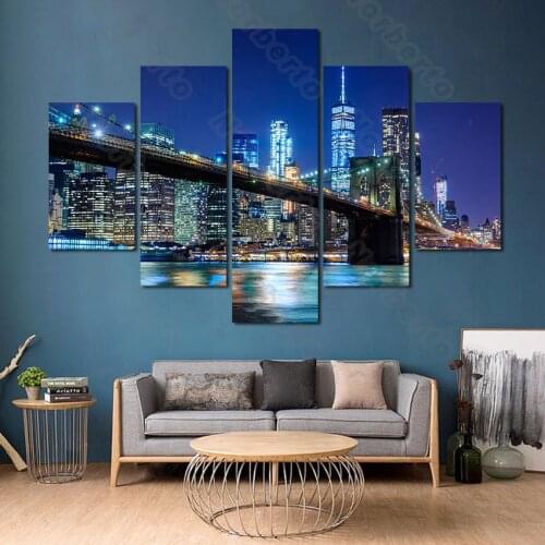 5 Pieces Hd Printed Canvas Painting Poster Print Urban City Night Scenery Long Bridge for Living Rooms Bedrooms Wall Decoration