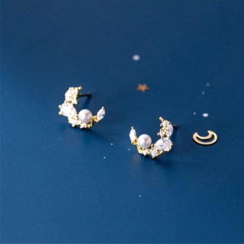 925 Sterling Silver Dazzling Zircon Moon Stud Earrings For Women Pearl Birthday Party Earring For Girl Kids Lovely Jewelry