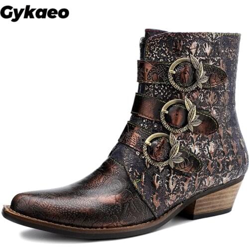 Bohemian Style Leisure Genuine Leather Boots Women Printing Floral Pointed Toe Fashion Boots Ladies Daily Work Low Heels Shoes