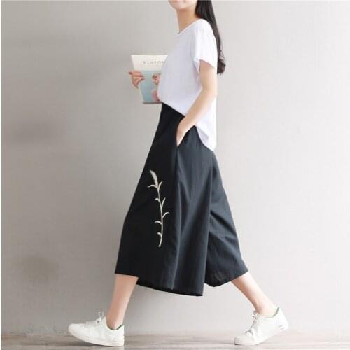 Flare Pants Women 2019 Cropped Trousers Ethnic Skirt Pants Embroidery Elastic Waist Bottoms Female Online Chinese Store TA1567