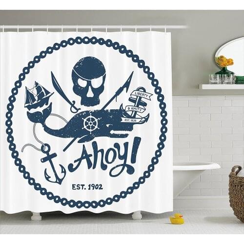Anchor Decor Shower Curtain Vintage Style Nautical Pirate Skull And Whale With Ship Anchor Ahoy Wall Decoration Hanging Curtains