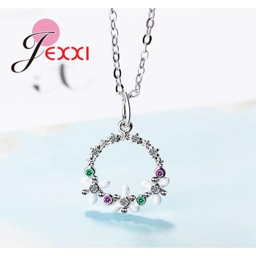 Elegant Genuine 925 Sterling Silver Necklace For Women Flower Shape Pendant With Small Bright Colorful Crystal Big Promotion