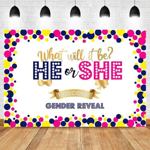 He or She Gender Reveal Backdrop Blue or Pink Gold Photography Background Vinyl Gender Reveal Party Banner Backdrops