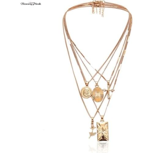 Banny Pink Religious Cross Rose Pendant Choker Necklace For Women Vintage Geometric Charms Choker Collar Multi Clavicle Chains