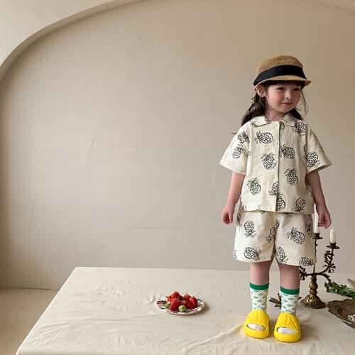 7611 Children Suit 2021 Summer New Boys 2 Pieces Suit Short Sleeve Shirt+Pant Korean Printing Lovely Girl Two Piece Set Outfit