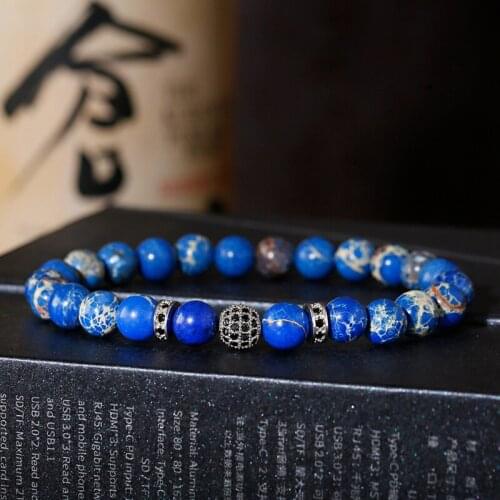 Charm CZ Ball Men Bracelets & Bangles Pulseras Hombre Fashion Blue Imperial Stone Beaded Elastic Bracelet Dropshipping
