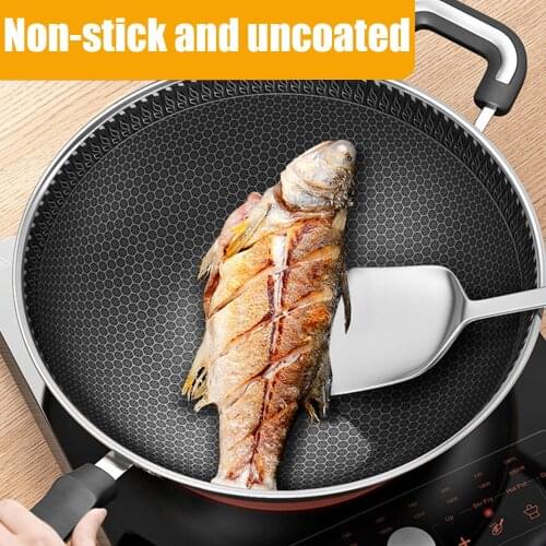 New Double-Sided Screen Honeycomb Stainless Steel Wok Without Oil Smoke Frying Pan Pan Non-Stick Cookware Kitchen Cooking Pot