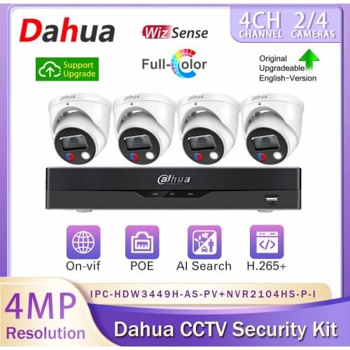 Original Dahua IP Camera 4MP Full Color IPC-HDW3449H-AS-PV 4K NVR NVR2104HS-P-I CCTV Camera Security System Kit Wizsense H.265