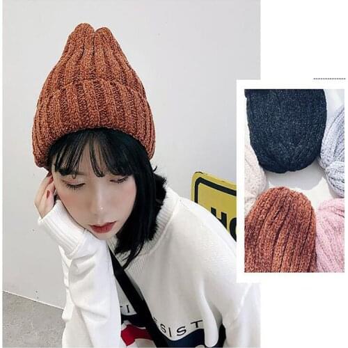 Autumn Winter Women Solid Warm Knit Skullies Chenille Thicken Hats Lovers Hooded Street Fashion Hat Chapeau Femme Skull Caps