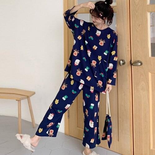 Loose Cartoon Print Long Sleeve Sleepwear Set Plus Size Home Wear Round Neck Top + Trousers Suits 3 PCS Pajamas Suit