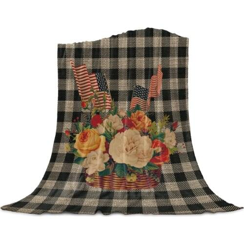 Independence Day Flower Plaid Retro Throw Blanket Soft Picnic Blanket Home Decor Microfiber Flannel Blankets for Beds