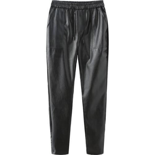 Idopy Men`s Fashion Faux Leather Harem Pants Elastic Waist PU Street Style Big Pockets Drawstring Hip Hop Joggers