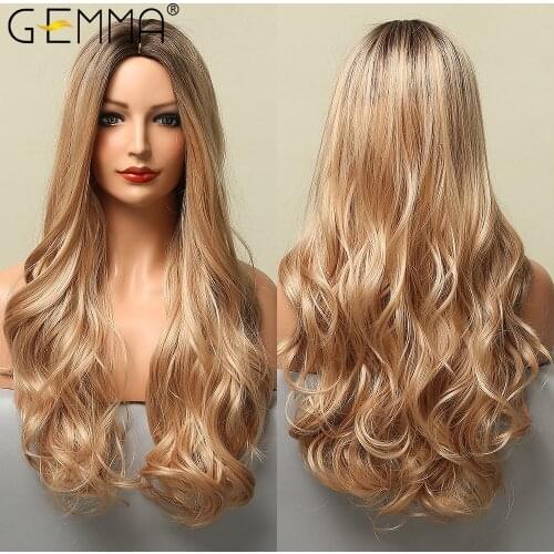 GEMMA Long Body Wave Omber Black Brown Blonde Golden Synthetic Wigs for Women Natural Middle Part Cosplay Heat Resistant Hair