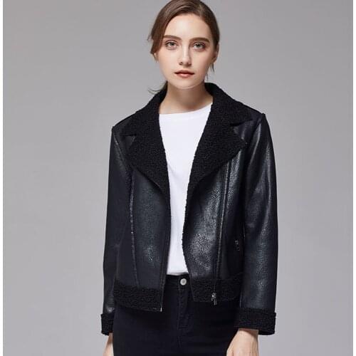 Warm Womens Winter Motorcycle Velvet PU Jacket Female Short Lapels Fur Thick Korean Version Plus Velvet Jacket Bomber Jacket