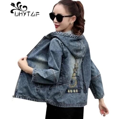 UHYTGF Jaqueta Feminina Plus Size Denim Jacket Women Spring Autumn Coat Embroidery Jeans Outerwear Female Hooded Short Tops 531