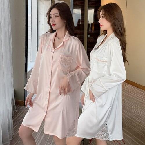 2021 Spring Autumn Sexy Silk Satin Long Sleeve Mini Dress Nightgowns For Women Cute Lace Night Dress Sleepwear Nightdress Nighty