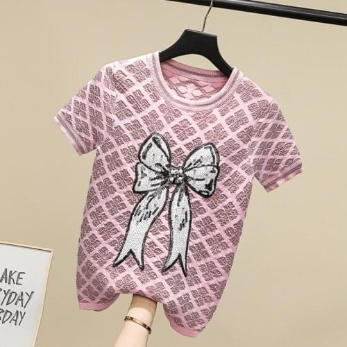 Vintage Cute Knitted T Shirts Women Summer emboridery Bow Knot Tshirts Woman Girls Cute Short Sleeve Knitted Tops for Women