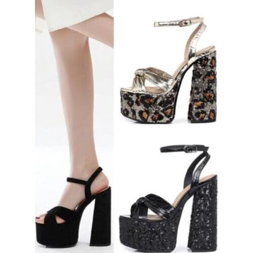 Moraima Snc Sexy Thick Heels Platform Shoes Summer Peep Toe Ankle Strap Sandal Glitter Embellished Party Dress Heels