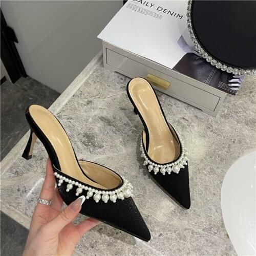 Women Sandals Summer New Fashion Beaded Pointed Mules Womens Stiletto Stilettos