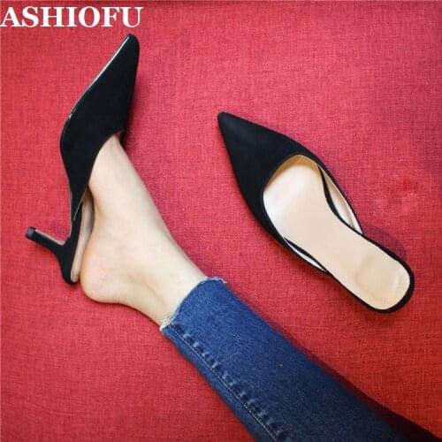 ASHIOFU Handmade Womens Slipper Patent Leather Shallow Mouth Pointed Summer Shoes Simple Comfortable Fashion Slippers Shoes