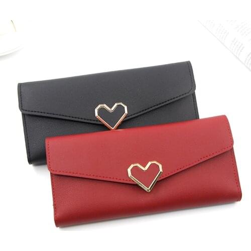 Double11 Womens Clutch Long Korean-Style Fashion Womens Wallet Three-Fold Wallet Heart-Shaped Buckle Card Holder Change Wallet