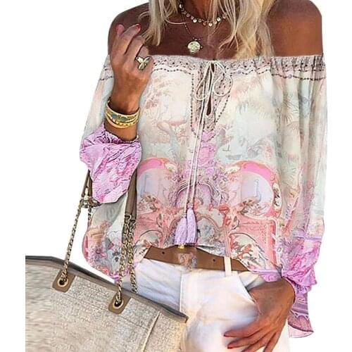 Women Long Sleeve Off Shoulder Floral Print Hollow Out Lace Up Blouse Casual Lady Summer Shirt Top for Dating