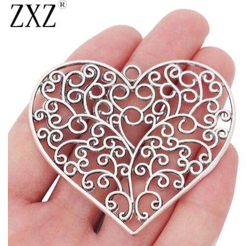 ZXZ 2pcs Large Filigree Flower Heart Charms Pendants for Necklace Jewelry Making Findings 64x57mm
