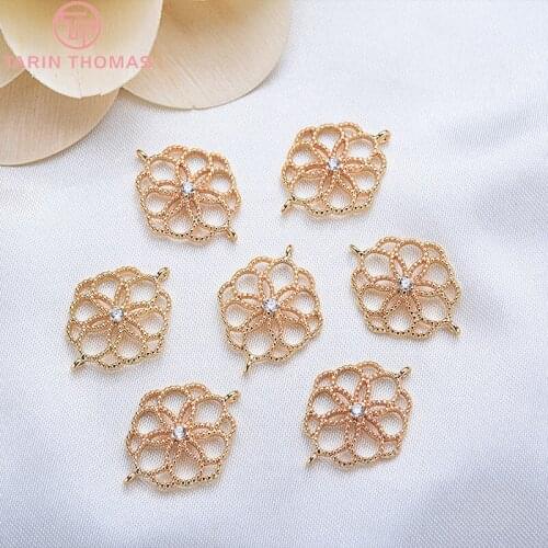 6PCS 19x15MM 24K Gold Color Plated Brass with Zircon Hollow flower Charms Pendants High Quality Diy Jewelry Accessories