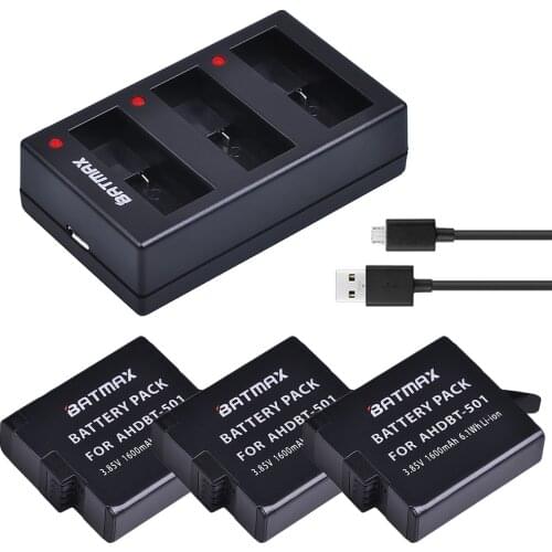 Batmax 3pcs AHDBT-501 AHDBT 501 Battery +3-Slots USB Charger for GoPro Hero 5 Gopro 6 Gopro 7 New Gopro 8 camera