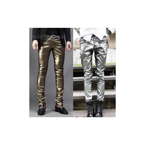 Free Shipping Mens Brand Fashion High Quality Gold Silver Slim Stage Pu Trousers Pants / M-xxl