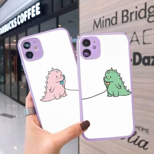 Phone Case For iPhone 12 11 Mini Pro XR XS Max 7 8 Plus X cute cartoon Little dinosaur Matte transparent Purple Back Cover
