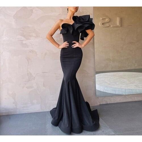 One Shoulder Black Evening Dresses 2020 Mermaid Zipper Ruffles Long Prom Party Dress Formal Gowns Plus Size Vestido De Festa