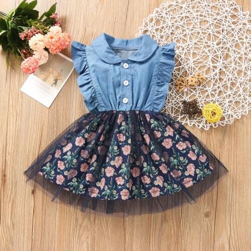 Children Floral Print Denim Dress with Ruffles Girls Sleeveless Lapel Neck High Waist Mesh Sundress Bow Party Dress