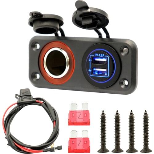 Dual USB Charger Socket Fast Charge 12V Marine Cigarette Lighter Adapter for 12V/24V Boat Motorcycle Truck, Blue LED Lights