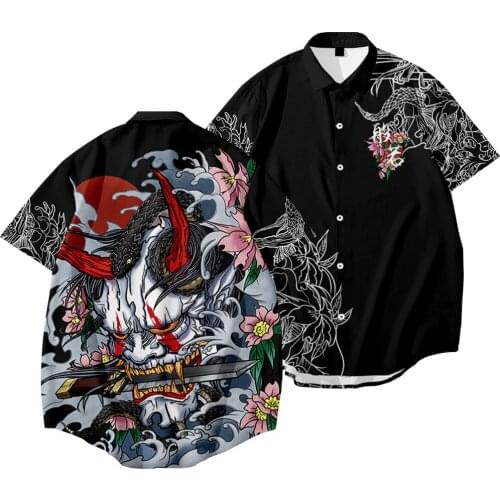 Cartoon Devilish Prajna Printed Mens Short Sleeve Hawaiian Shirt Fast Drying Summer Couple Casual Beach Harujuku Shirts
