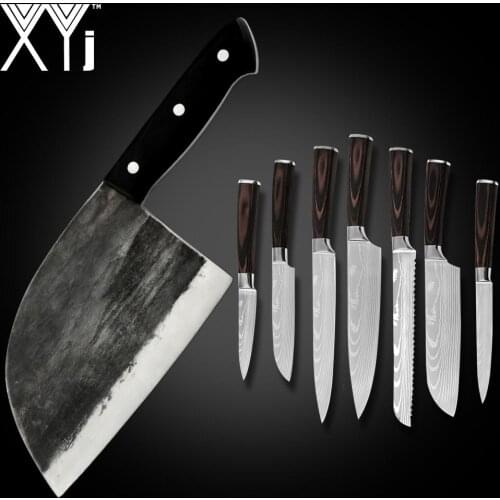 Kitchen Stainless Steel Knives Set Forged Serbian Chef Cleaver Butcher Damascus Pattern Blade Wood Handle Tools Accessory